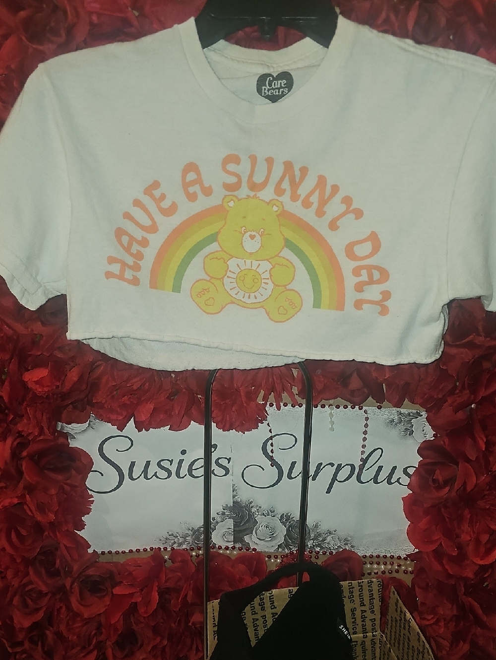 Care Bears White Crop Tee with Yellow Bear & Rainbow Size Small